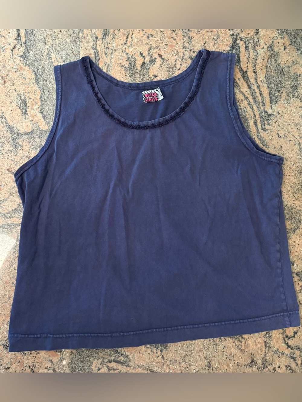 Vintage Outer Limits Women's Navy Cotton Sleeveless Tank Top, Lace TrimCollar